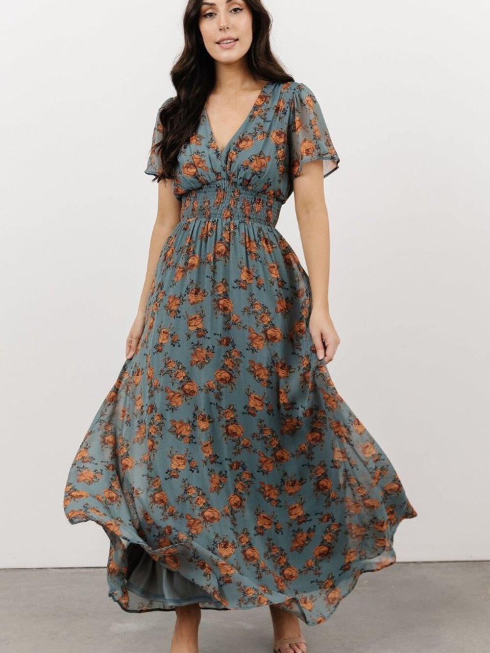 Baltic Born Birdie Maxi Long Dress Short Sleeve Eucalyptus Floral XS